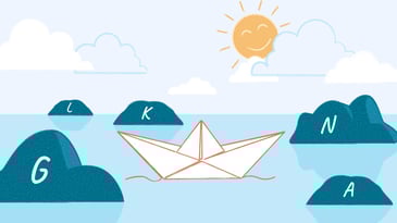 Paper boat navigating rocks labeled G, N, K, L, A as a metaphor for choosing Medicare Supplement (Medigap) plans.