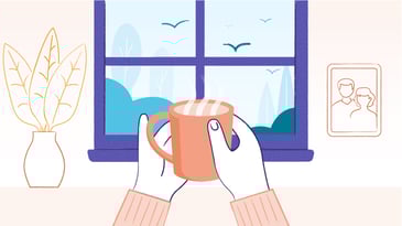 Hands holding a warm mug by a window, with a houseplant and framed photo nearby, suggesting calm reflection and planning for the future.