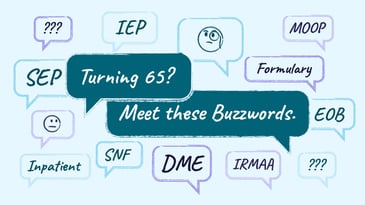 Medicare acronym word bubbles—IEP, SEP, MOOP, IRMAA, SNF—promoting a plain-English glossary of terms and deadlines.