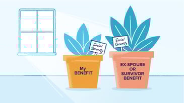 Plant pots labeled “My Benefit” and “Ex-Spouse or Survivor Benefit,” symbolizing Social Security strategy options.